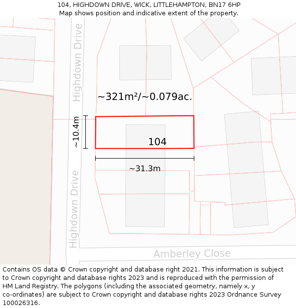 104, HIGHDOWN DRIVE, WICK, LITTLEHAMPTON, BN17 6HP: Plot and title map