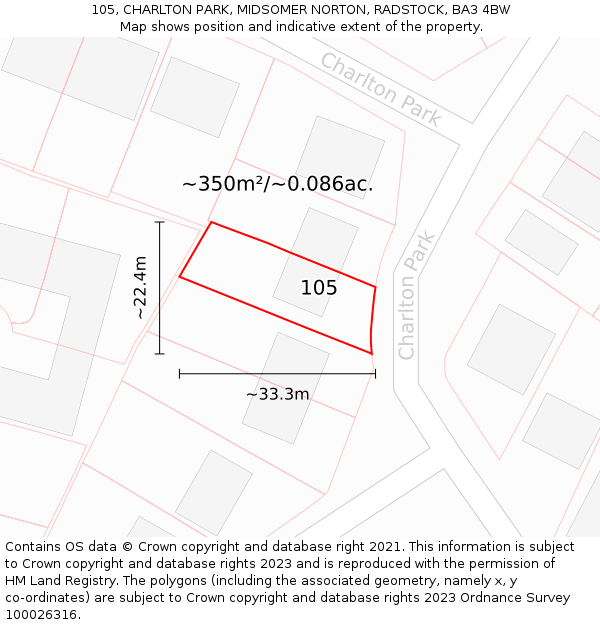 105, CHARLTON PARK, MIDSOMER NORTON, RADSTOCK, BA3 4BW: Plot and title map