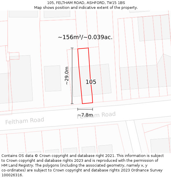 105, FELTHAM ROAD, ASHFORD, TW15 1BS: Plot and title map