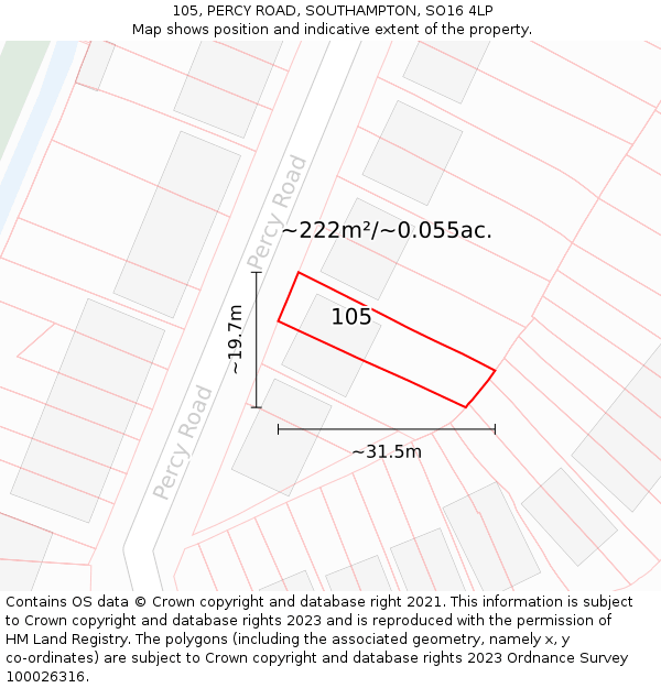 105, PERCY ROAD, SOUTHAMPTON, SO16 4LP: Plot and title map