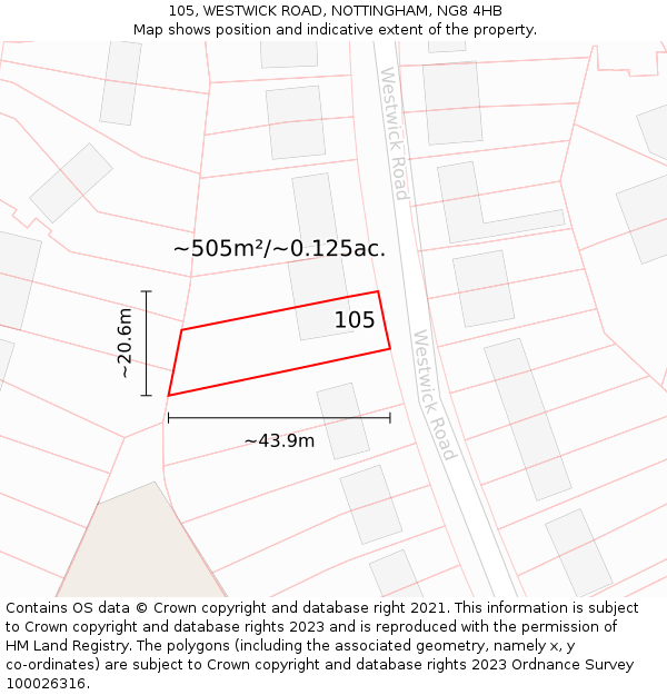 105, WESTWICK ROAD, NOTTINGHAM, NG8 4HB: Plot and title map