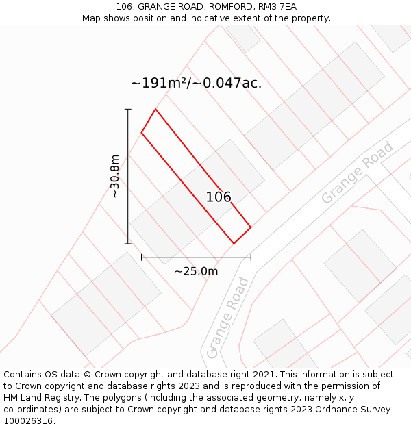 106, GRANGE ROAD, ROMFORD, RM3 7EA: Plot and title map