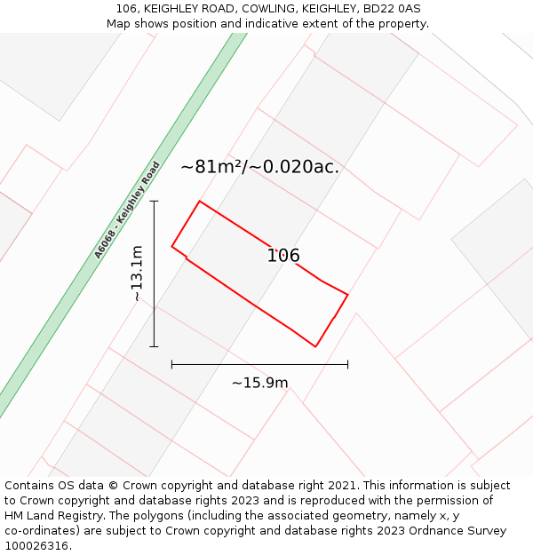 106, KEIGHLEY ROAD, COWLING, KEIGHLEY, BD22 0AS: Plot and title map