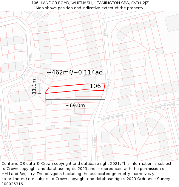 106, LANDOR ROAD, WHITNASH, LEAMINGTON SPA, CV31 2JZ: Plot and title map