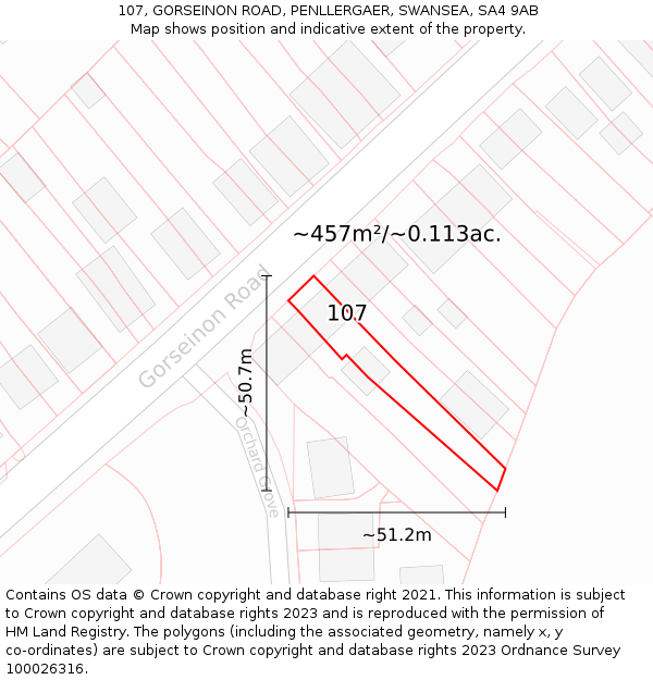 107, GORSEINON ROAD, PENLLERGAER, SWANSEA, SA4 9AB: Plot and title map