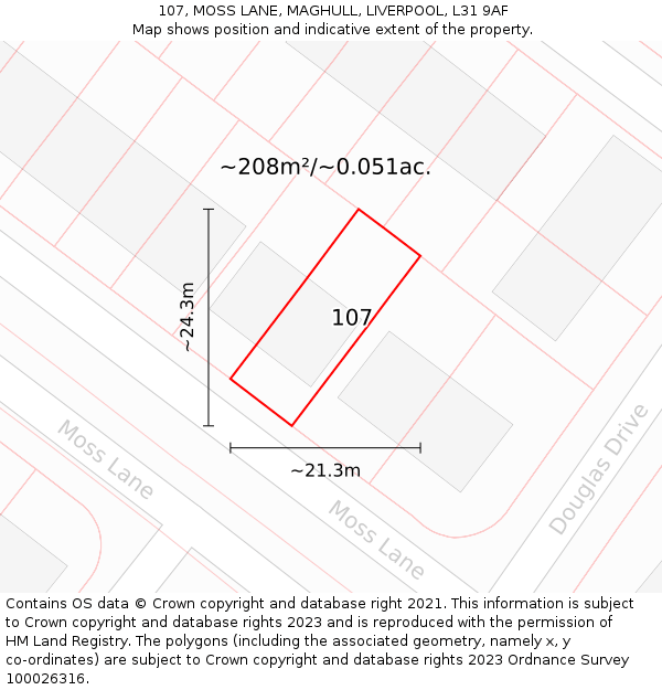 107, MOSS LANE, MAGHULL, LIVERPOOL, L31 9AF: Plot and title map