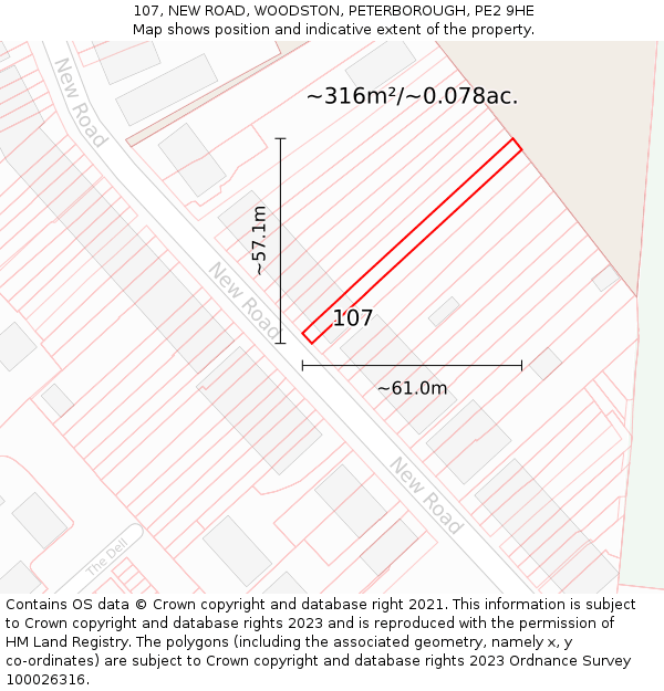 107, NEW ROAD, WOODSTON, PETERBOROUGH, PE2 9HE: Plot and title map