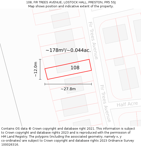 108, FIR TREES AVENUE, LOSTOCK HALL, PRESTON, PR5 5SJ: Plot and title map