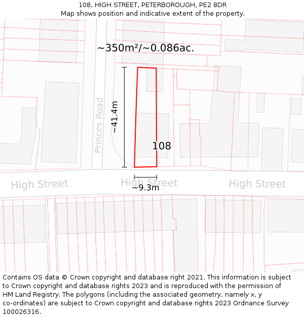 108, HIGH STREET, PETERBOROUGH, PE2 8DR: Plot and title map