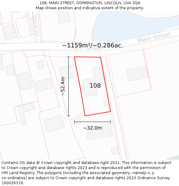 108, MAIN STREET, DORRINGTON, LINCOLN, LN4 3QA: Plot and title map