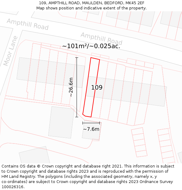 109, AMPTHILL ROAD, MAULDEN, BEDFORD, MK45 2EF: Plot and title map