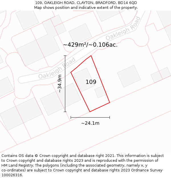 109, OAKLEIGH ROAD, CLAYTON, BRADFORD, BD14 6QD: Plot and title map