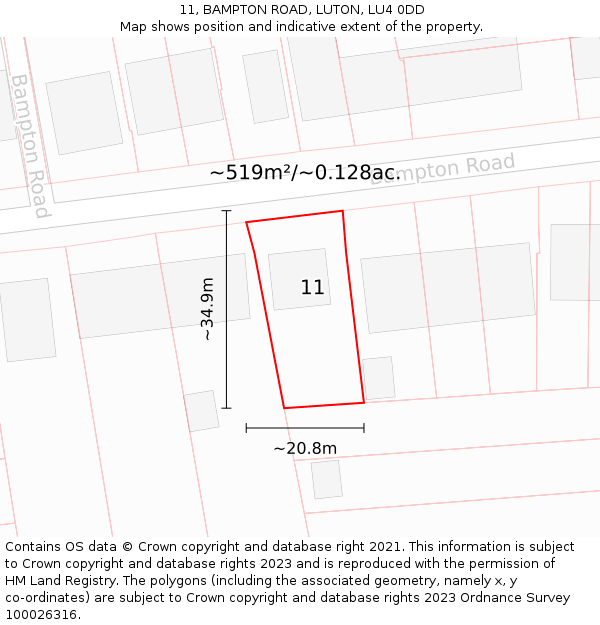 11, BAMPTON ROAD, LUTON, LU4 0DD: Plot and title map