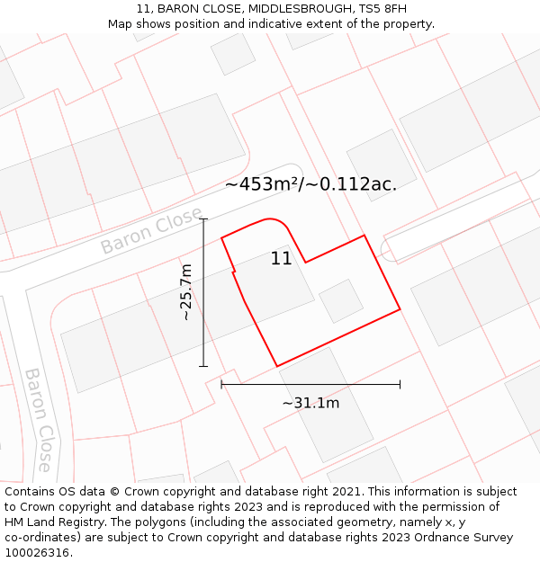 11, BARON CLOSE, MIDDLESBROUGH, TS5 8FH: Plot and title map
