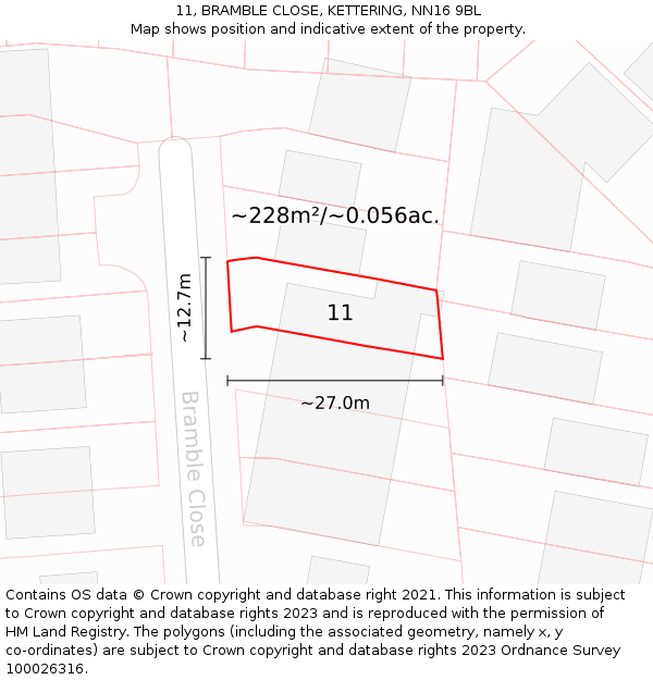 11, BRAMBLE CLOSE, KETTERING, NN16 9BL: Plot and title map