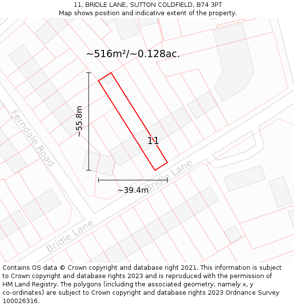 11, BRIDLE LANE, SUTTON COLDFIELD, B74 3PT: Plot and title map