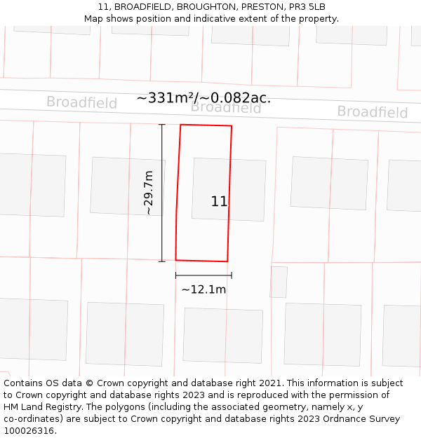 11, BROADFIELD, BROUGHTON, PRESTON, PR3 5LB: Plot and title map