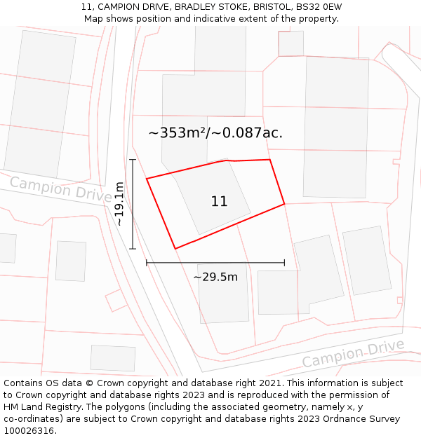11, CAMPION DRIVE, BRADLEY STOKE, BRISTOL, BS32 0EW: Plot and title map