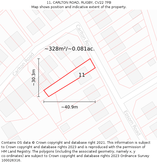 11, CARLTON ROAD, RUGBY, CV22 7PB: Plot and title map