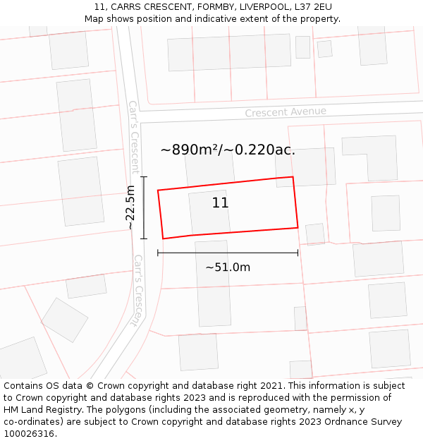 11, CARRS CRESCENT, FORMBY, LIVERPOOL, L37 2EU: Plot and title map