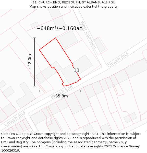11, CHURCH END, REDBOURN, ST ALBANS, AL3 7DU: Plot and title map
