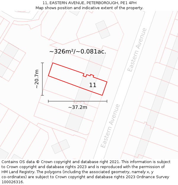 11, EASTERN AVENUE, PETERBOROUGH, PE1 4PH: Plot and title map