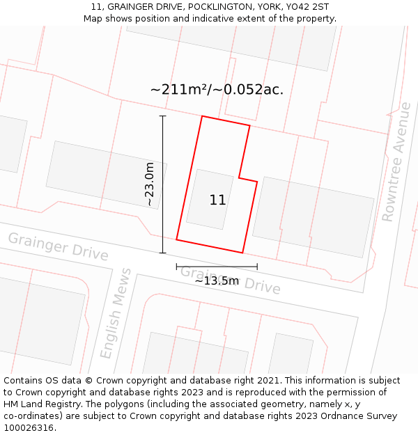 11, GRAINGER DRIVE, POCKLINGTON, YORK, YO42 2ST: Plot and title map