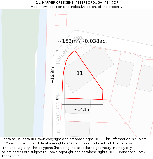 11, HARPER CRESCENT, PETERBOROUGH, PE4 7DF: Plot and title map