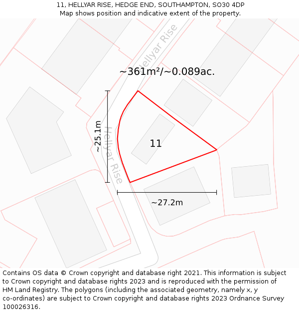 11, HELLYAR RISE, HEDGE END, SOUTHAMPTON, SO30 4DP: Plot and title map