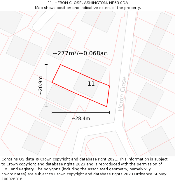 11, HERON CLOSE, ASHINGTON, NE63 0DA: Plot and title map