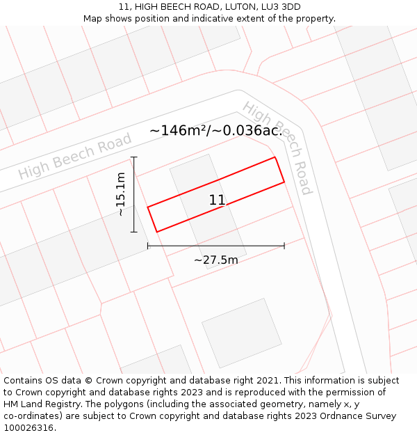 11, HIGH BEECH ROAD, LUTON, LU3 3DD: Plot and title map