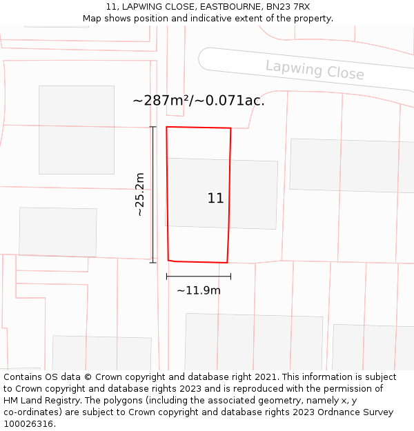 11, LAPWING CLOSE, EASTBOURNE, BN23 7RX: Plot and title map