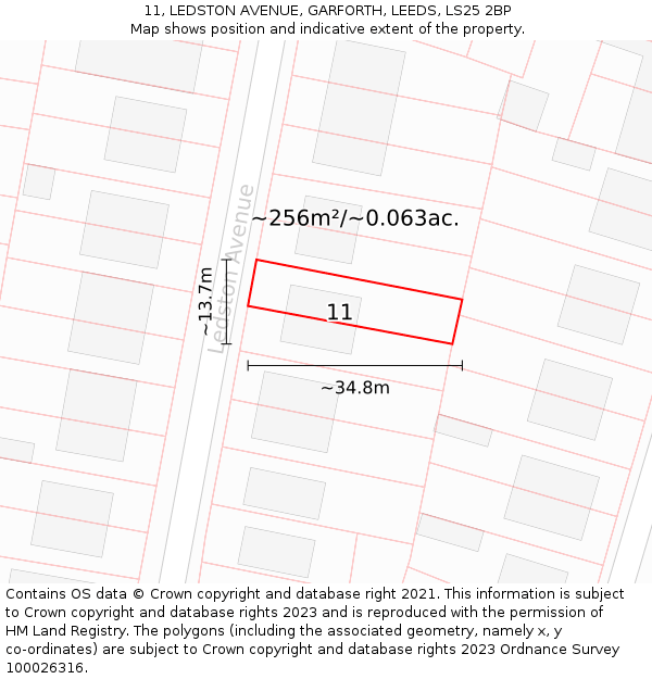11, LEDSTON AVENUE, GARFORTH, LEEDS, LS25 2BP: Plot and title map