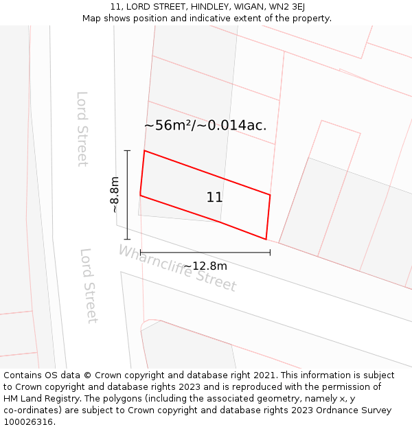 11, LORD STREET, HINDLEY, WIGAN, WN2 3EJ: Plot and title map