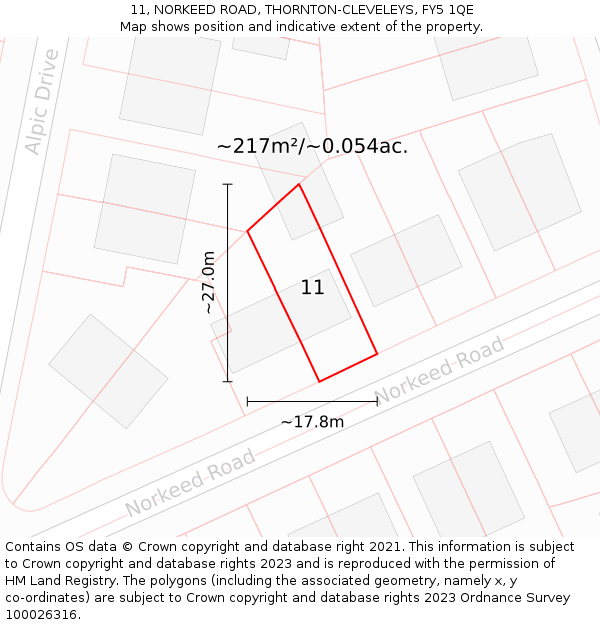 11, NORKEED ROAD, THORNTON-CLEVELEYS, FY5 1QE: Plot and title map