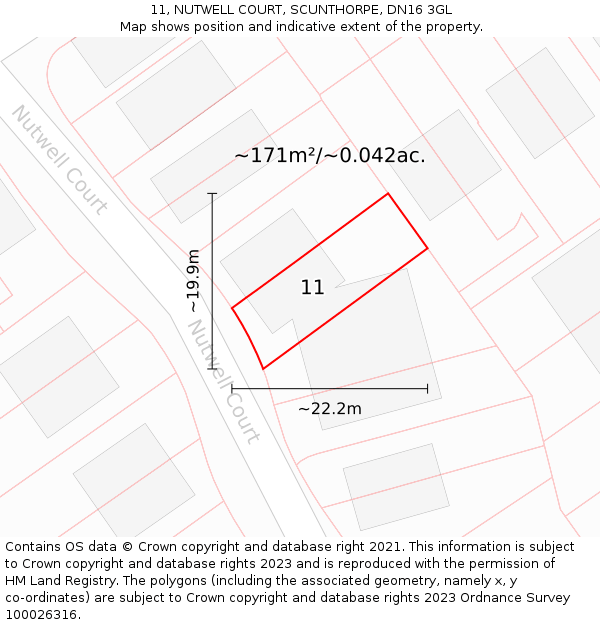 11, NUTWELL COURT, SCUNTHORPE, DN16 3GL: Plot and title map