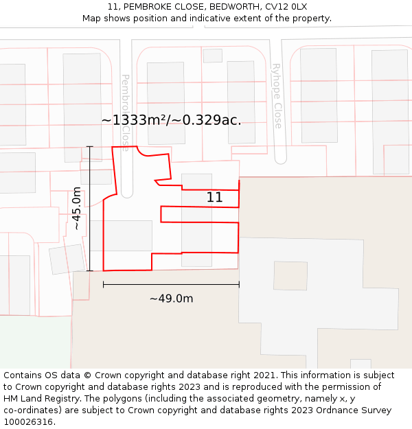 11, PEMBROKE CLOSE, BEDWORTH, CV12 0LX: Plot and title map