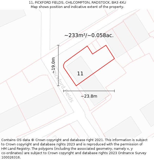 11, PICKFORD FIELDS, CHILCOMPTON, RADSTOCK, BA3 4XU: Plot and title map
