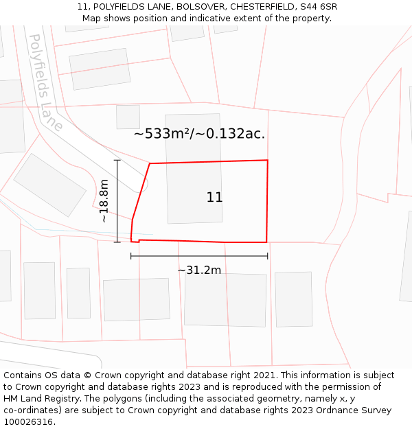11, POLYFIELDS LANE, BOLSOVER, CHESTERFIELD, S44 6SR: Plot and title map