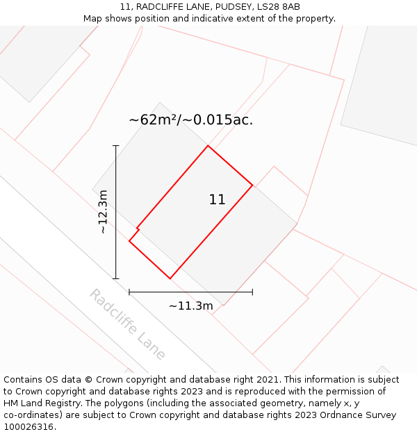 11, RADCLIFFE LANE, PUDSEY, LS28 8AB: Plot and title map