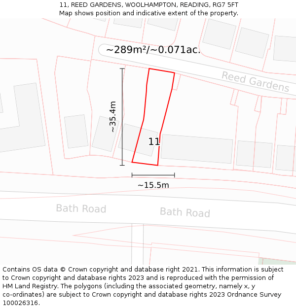 11, REED GARDENS, WOOLHAMPTON, READING, RG7 5FT: Plot and title map