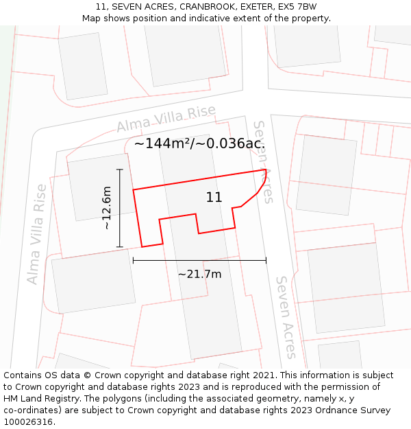 11, SEVEN ACRES, CRANBROOK, EXETER, EX5 7BW: Plot and title map