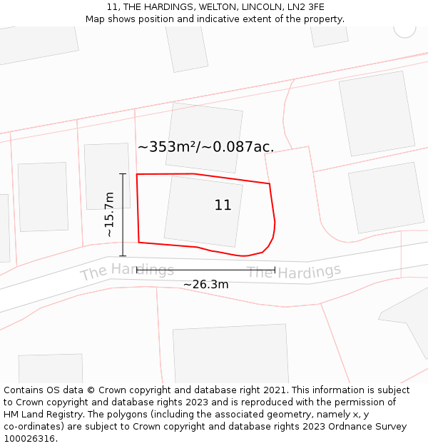 11, THE HARDINGS, WELTON, LINCOLN, LN2 3FE: Plot and title map