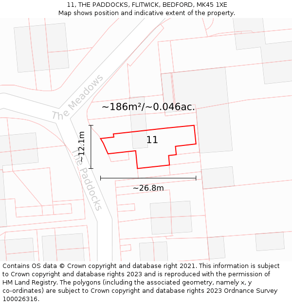 11, THE PADDOCKS, FLITWICK, BEDFORD, MK45 1XE: Plot and title map