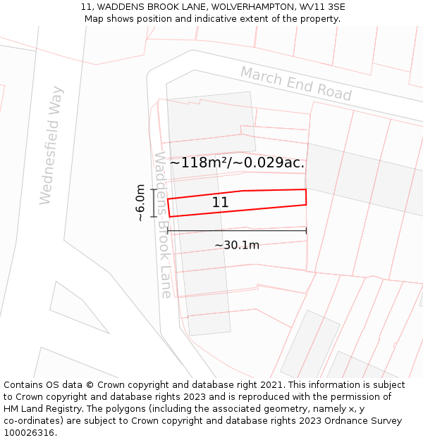 11, WADDENS BROOK LANE, WOLVERHAMPTON, WV11 3SE: Plot and title map