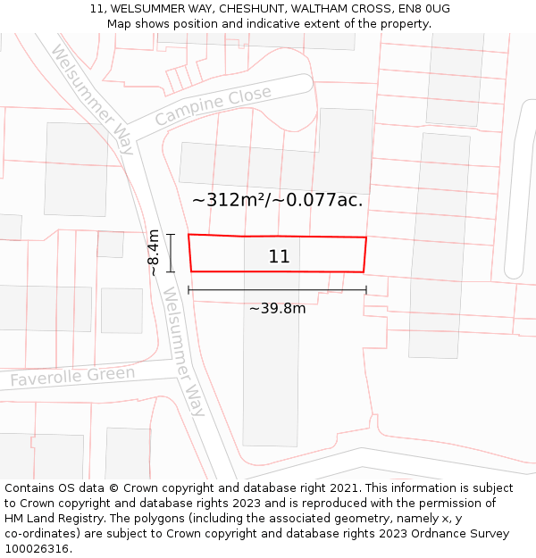 11, WELSUMMER WAY, CHESHUNT, WALTHAM CROSS, EN8 0UG: Plot and title map
