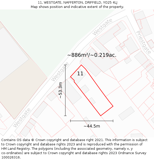 11, WESTGATE, NAFFERTON, DRIFFIELD, YO25 4LJ: Plot and title map