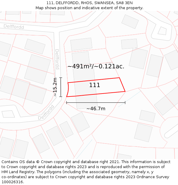 111, DELFFORDD, RHOS, SWANSEA, SA8 3EN: Plot and title map