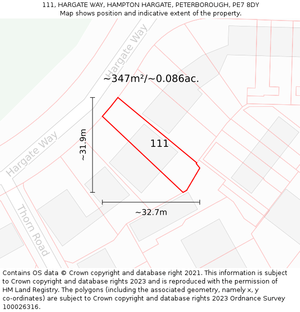 111, HARGATE WAY, HAMPTON HARGATE, PETERBOROUGH, PE7 8DY: Plot and title map