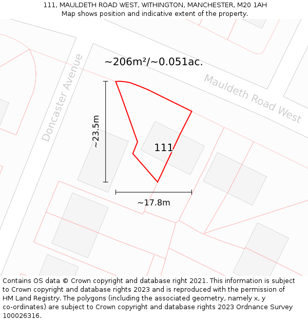 111, MAULDETH ROAD WEST, WITHINGTON, MANCHESTER, M20 1AH: Plot and title map